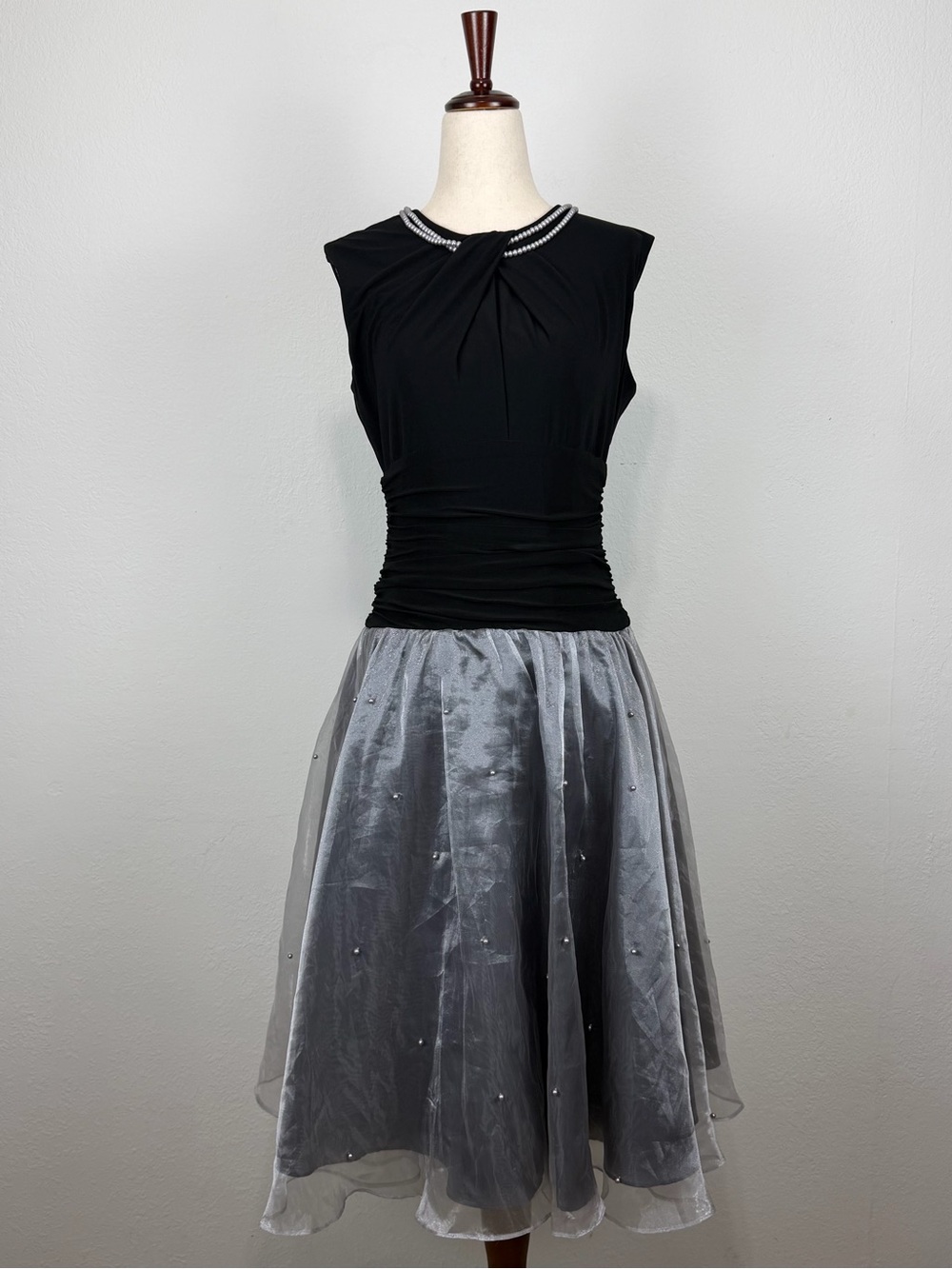 SLNY Black & Silver Pearl Beaded Dress